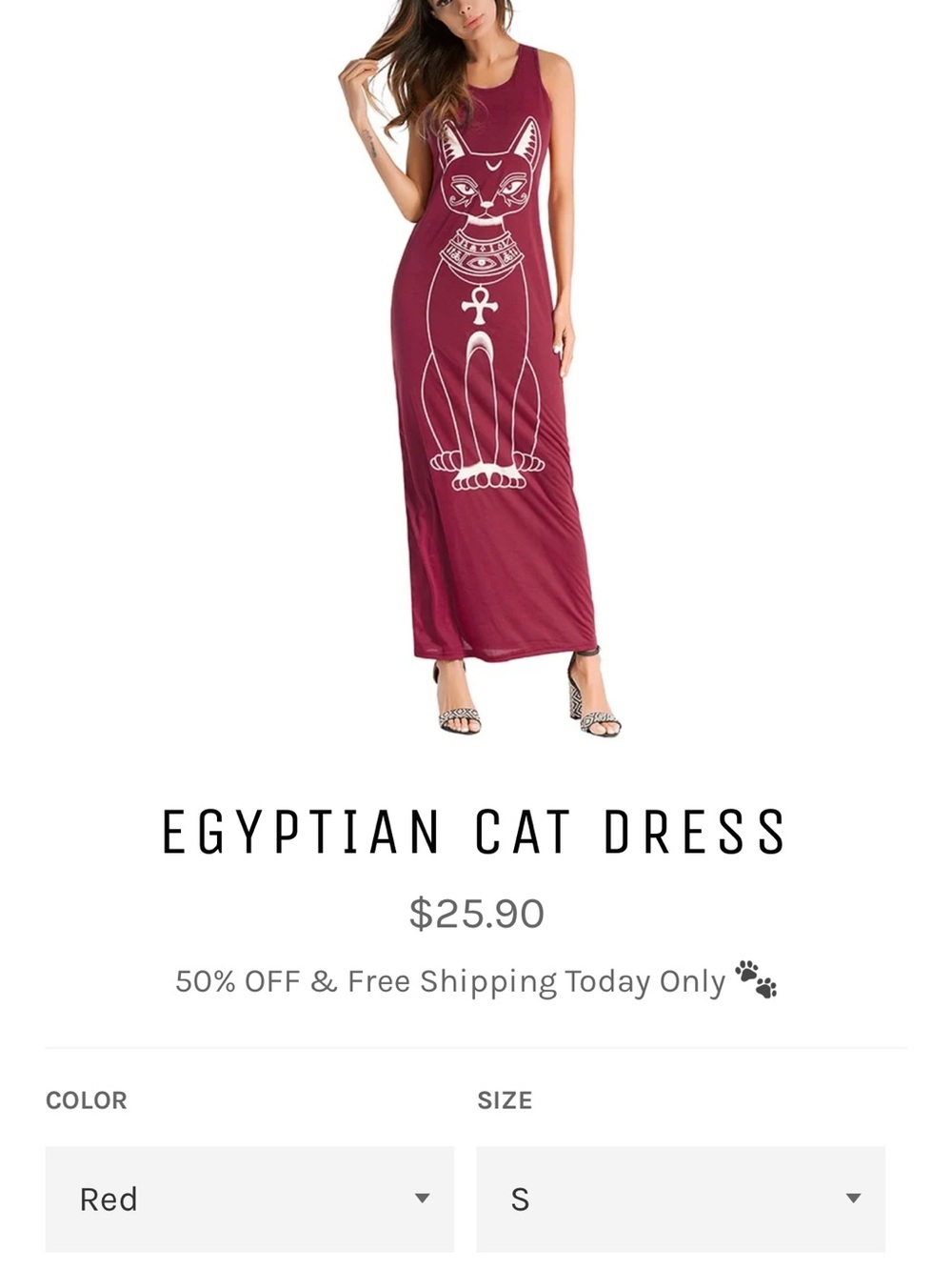 Sleeveless Red Egyptian Cat Maxi Dress